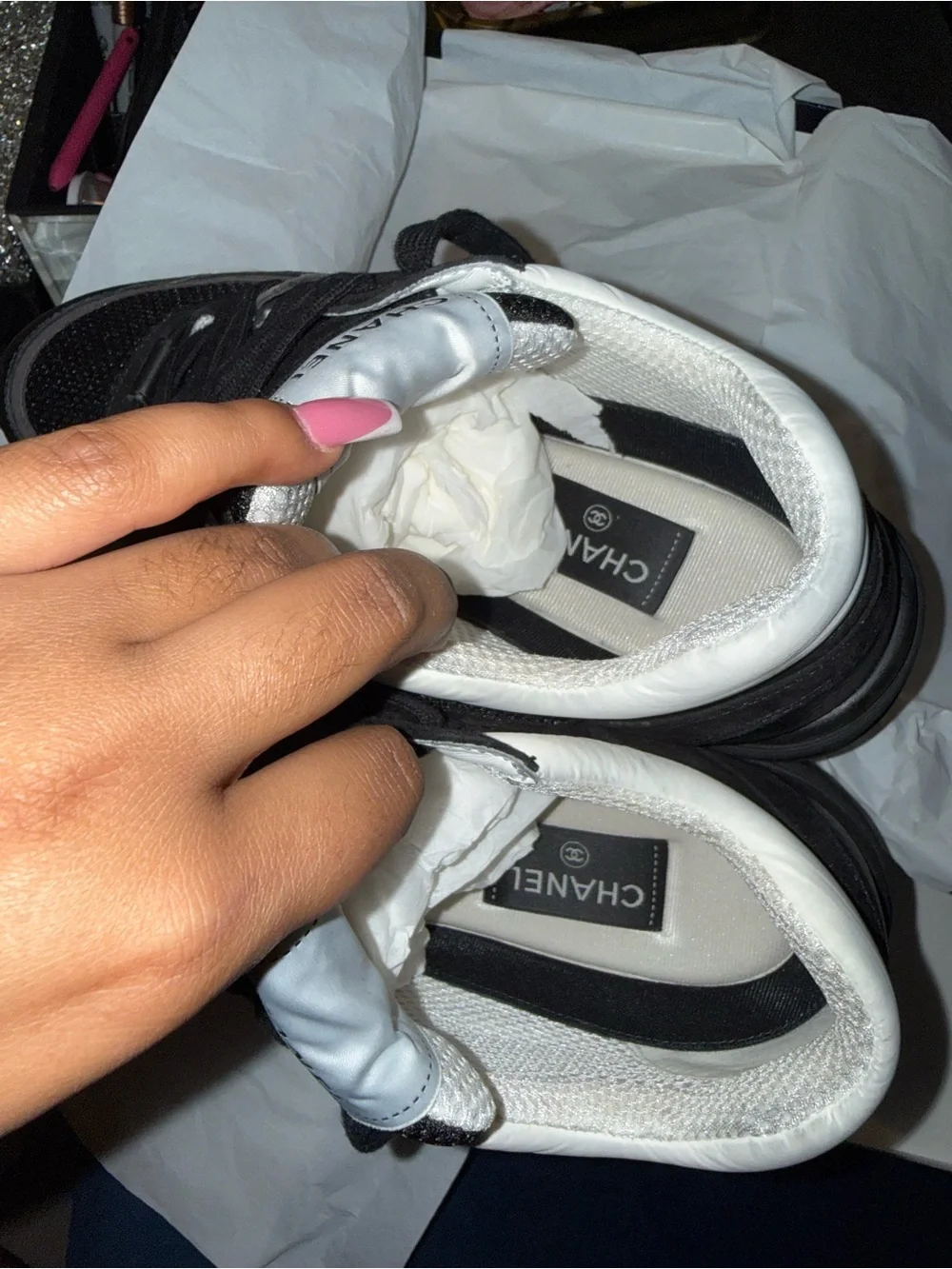 CHANEL Black and White Logo Low-Top Sneakers AUTHENTIC